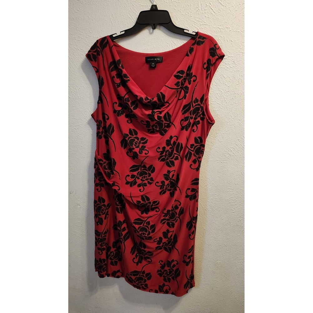 Scarlett Dress Womens 16W Red Black Floral Cowl Neck Ruched Sheath Cocktail Plus